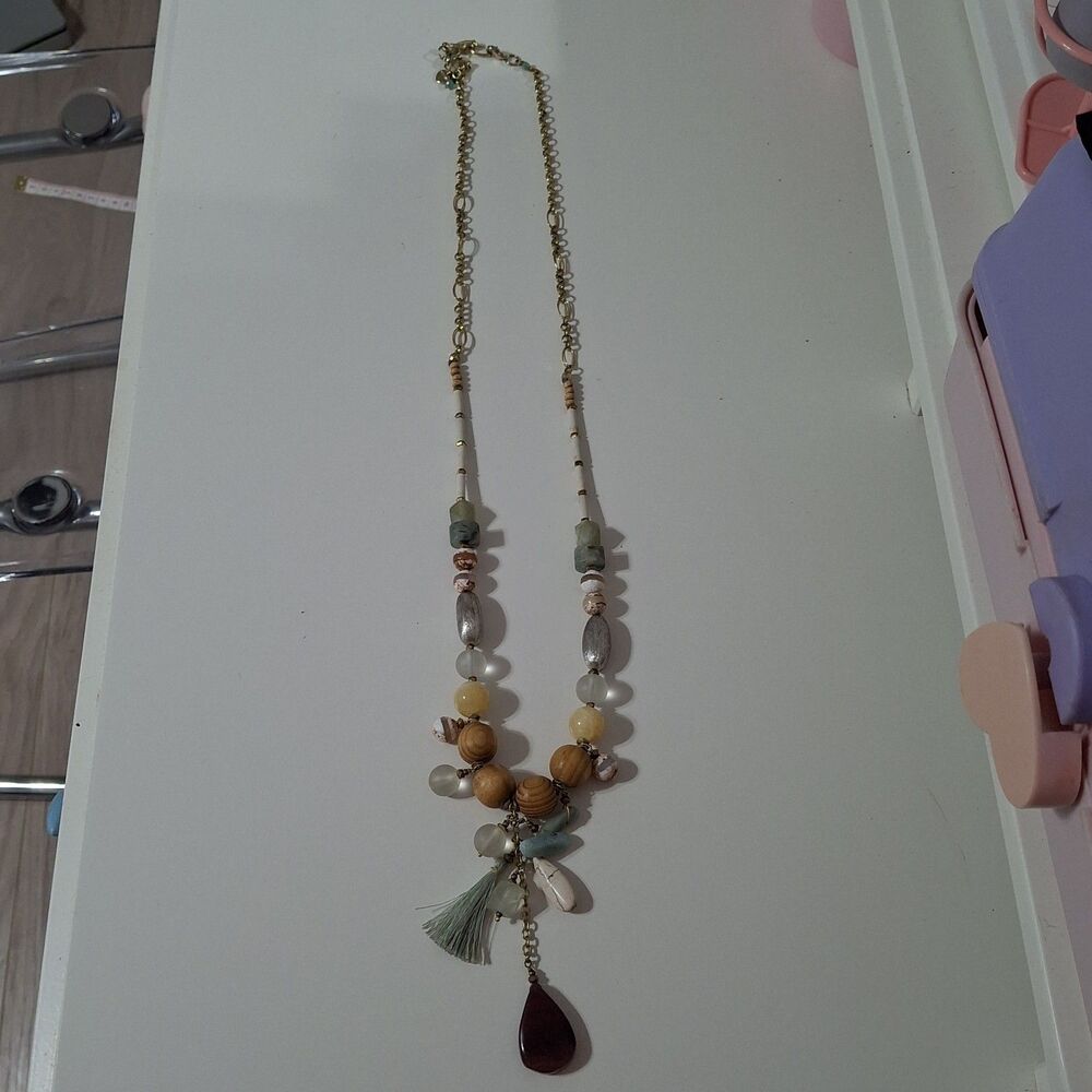 Nakamol Statement Lariat Y Drop Necklace Tassel Tear Drop Wooden Green Red Boho